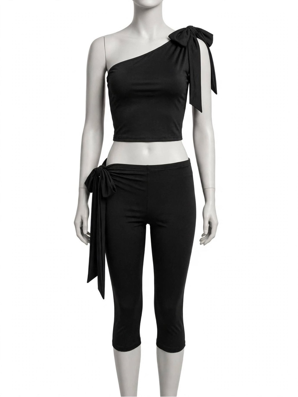 Black One-Shoulder Crop Top & Black Capri Pants Set